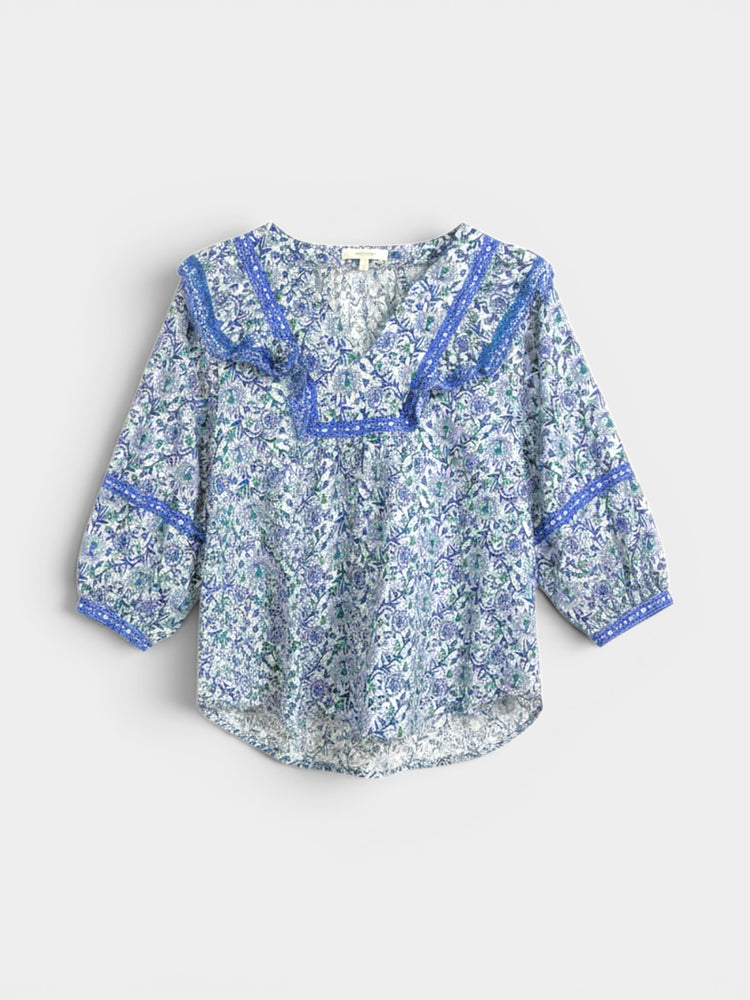 Blue Floral Lace-Trim Cotton Blouse
