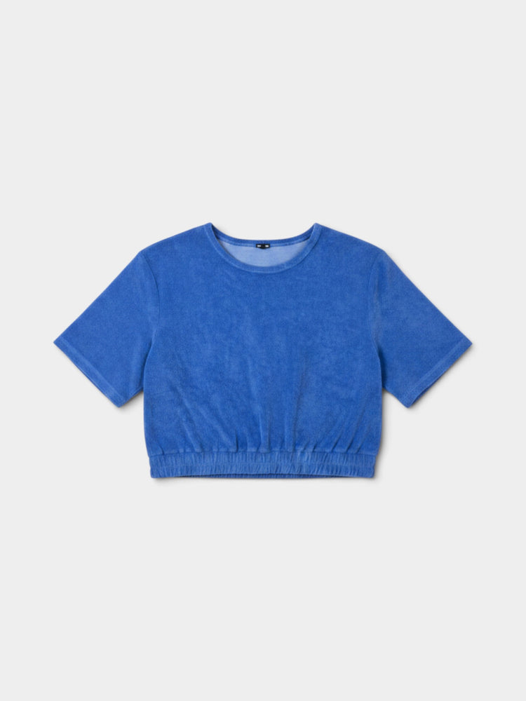 Blue Terry Cloth Cropped Top and Flare Pants Matching Set